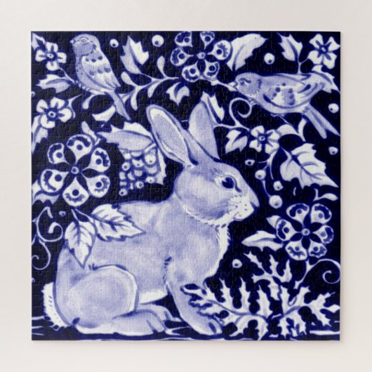 Navy Blue White Rabbit Woodland Elegant Animal Art Legpuzzel (Verticaal)