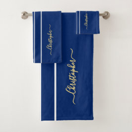 Navy Blue White Racing Stripes Faux Gold Monogram Bad Handdoek