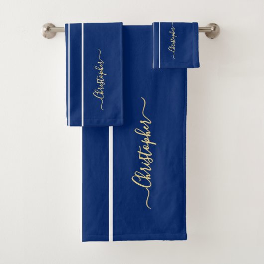 Navy Blue White Racing Stripes Faux Gold Monogram Bad Handdoek (Insitu)