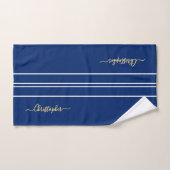 Navy Blue White Racing Stripes Faux Gold Monogram Bad Handdoek (Handdoek)
