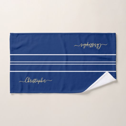 Navy Blue White Racing Stripes Faux Gold Monogram Bad Handdoek (Handdoek)