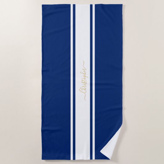 Navy Blue White Racing Stripes Gold Monogram Strandlaken (Voorkant)