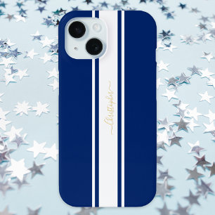Navy Blue White Racing Stripes Gold Monogrammed iPhone 15 Case