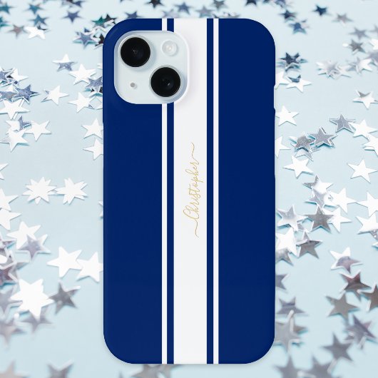Navy Blue White Racing Stripes Gold Monogrammed Case-Mate iPhone Case