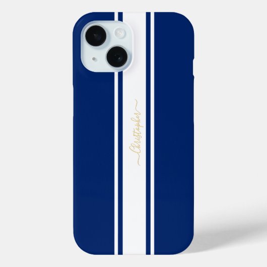 Navy Blue White Racing Stripes Gold Monogrammed Case-Mate iPhone Case (Achterkant)