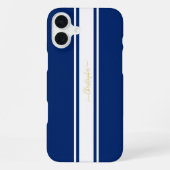 Navy Blue White Racing Stripes Gold Monogrammed iPhone Hoesje (Achterkant)