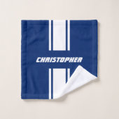 Navy Blue White Racing Stripes Monogram Mannen Jon Bad Handdoek (Wasdoekje)