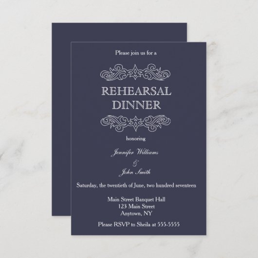 Navy Blue & White Rehearsal Dinner Invitations Kaart (Voorkant / Achterkant)