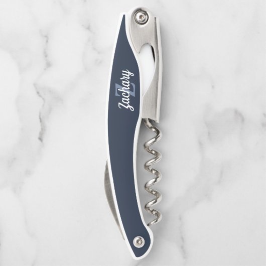 Navy Blue White Retro Monogram op maat Kurkentrekker (Achterkant)