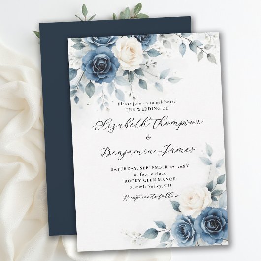 Navy Blue White Romantic Watercolor Floral Wedding Kaart
