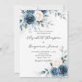 Navy Blue White Romantic Watercolor Floral Wedding Kaart (Voorkant)