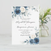 Navy Blue White Romantic Watercolor Floral Wedding Kaart (Staand voorkant)