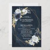 Navy Blue White Rose Boho Geometric Wedding Kaart (Voorkant)