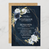 Navy Blue White Rose Boho Geometric Wedding Kaart (Voorkant / Achterkant)