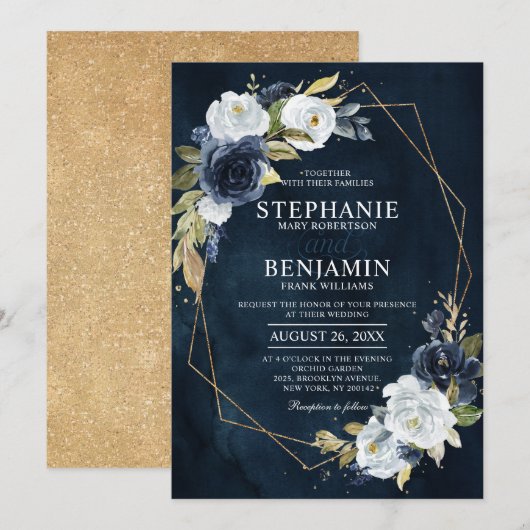 Navy Blue White Rose Boho Geometric Wedding Kaart (Voorkant / Achterkant)