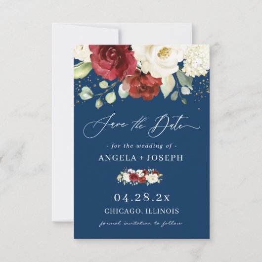 Navy Blue White Rose Floral Trendy Wedding Save The Date (Voorkant)