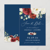 Navy Blue White Rose Floral Trendy Wedding Save The Date (Voorkant / Achterkant)