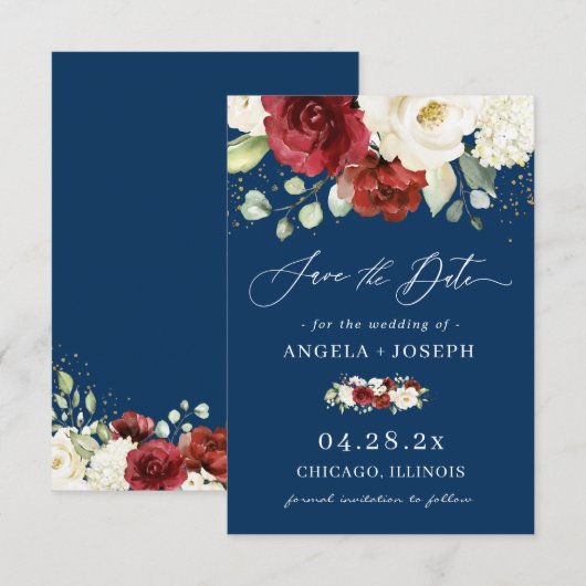 Navy Blue White Rose Floral Trendy Wedding Save The Date (Voorkant / Achterkant)