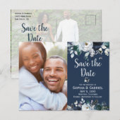 Navy Blue White Rose Floral Wedding Save the Date Aankondigingskaart (Voorkant / Achterkant)