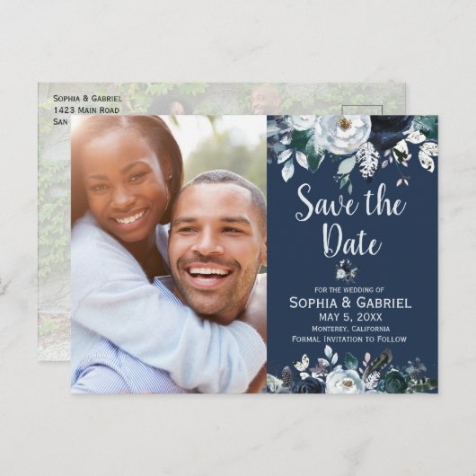 Navy Blue White Rose Floral Wedding Save the Date Aankondigingskaart (Voorkant / Achterkant)