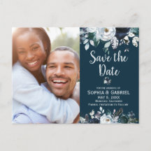 Navy Blue White Rose Floral Wedding Save the Date
