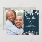 Navy Blue White Rose Floral Wedding Save the Date Aankondigingskaart (Voorkant / Achterkant)