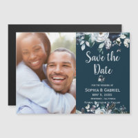 Navy Blue White Rose Floral Wedding Save the Date