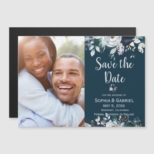 Navy Blue White Rose Floral Wedding Save the Date Magnetische Uitnodiging (Voorkant / Achterkant)