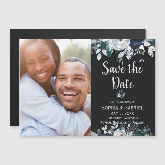 Navy Blue White Rose Floral Wedding Save the Date Magnetische Uitnodiging (Voorkant / Achterkant)