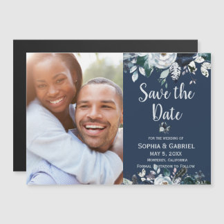 Navy Blue White Rose Floral Wedding Save the Date Magnetische Uitnodiging