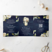 Navy Blue White Roses Mason Jar QR Code Weddenscha Drieluik Uitnodiging (Binnen)
