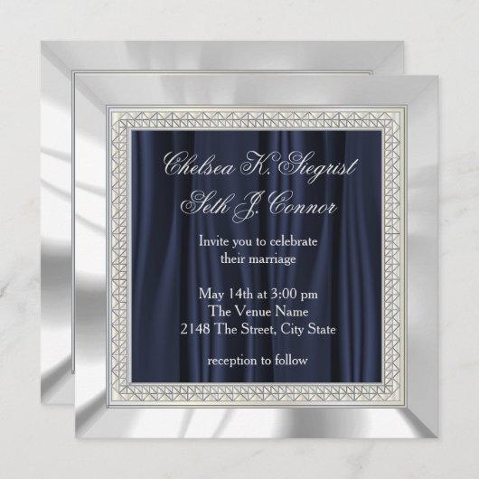 Navy Blue, White Satin and Silver Wedding Kaart (Voorkant / Achterkant)