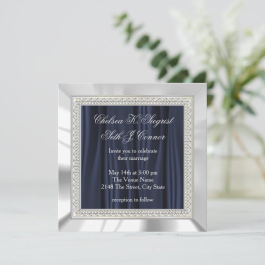 Navy Blue, White Satin and Silver Wedding Kaart (Staand voorkant)