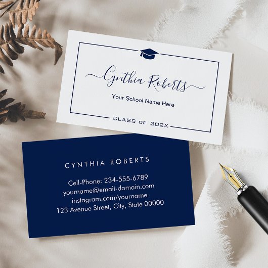 Navy Blue White Script-Afstuderen Visitekaartje
