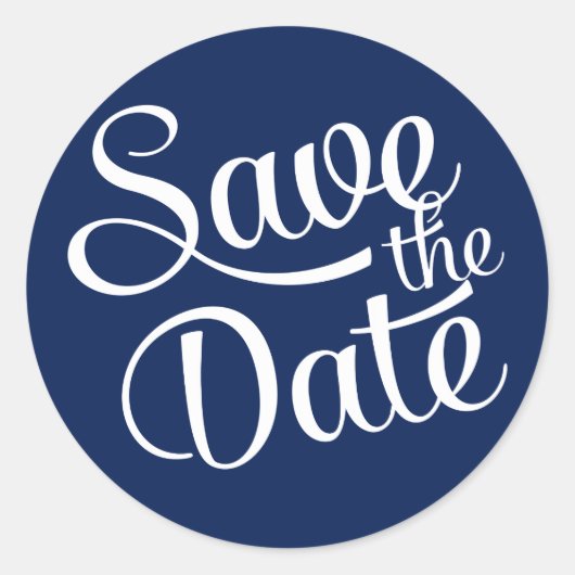 Navy Blue White Script Save the Date Ronde Sticker (Voorkant)