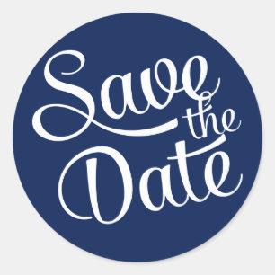 Navy Blue White Script Save the Date Ronde Sticker