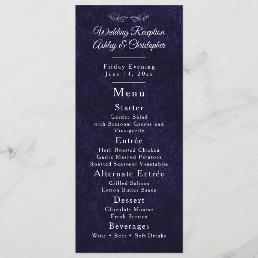 Navy Blue White Script Wedding Reception  Menu (Voorkant)