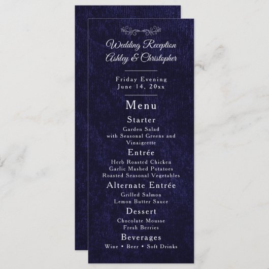 Navy Blue White Script Wedding Reception Menu (Voorkant / Achterkant)