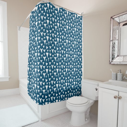 Navy Blue White Shark Teeth Pattern Shark ThACHT Douchegordijn (In situ)