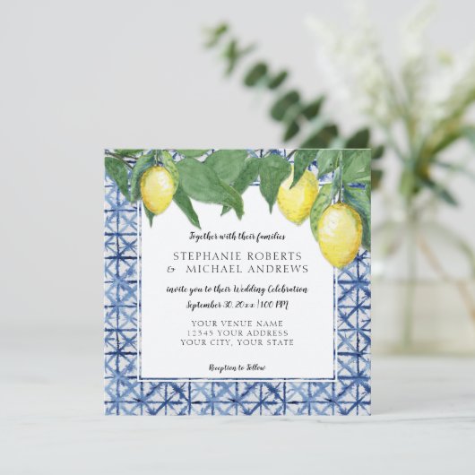 Navy Blue White Shibori X Pattern w Lemon Branch Kaart (Staand voorkant)