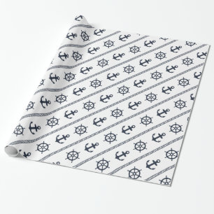 Navy Blue White Ship Wheel Anchor Nautical Cadeaupapier