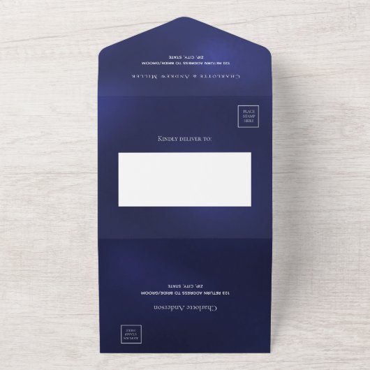 Navy Blue White Silver Rsvp bruiloft All In One Uitnodiging (Buitenkant)