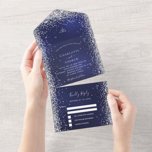 Navy Blue White Silver Rsvp bruiloft All In One Uitnodiging (Afscheurbaar)