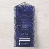 Navy Blue White Silver Rsvp bruiloft All In One Uitnodiging (Binnen)