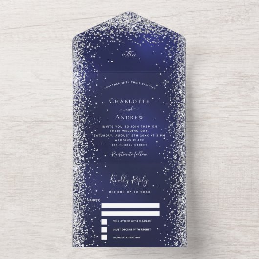 Navy Blue White Silver Rsvp bruiloft All In One Uitnodiging (Binnen)