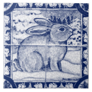 Navy Blue White Snow Bunny Dedham Delft Tegeltje