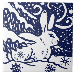 Navy Blue White Snow Rabbit Woodland Animal Trivet Tegeltje