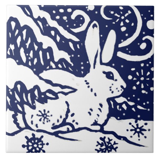 Navy Blue White Snow Rabbit Woodland Animal Trivet Tegeltje (Voorkant)