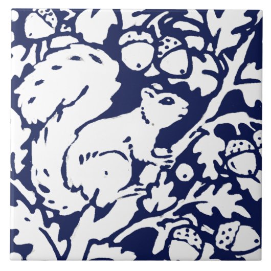 Navy Blue White Squirrel Woodland Animal Foliage Tegeltje (Voorkant)