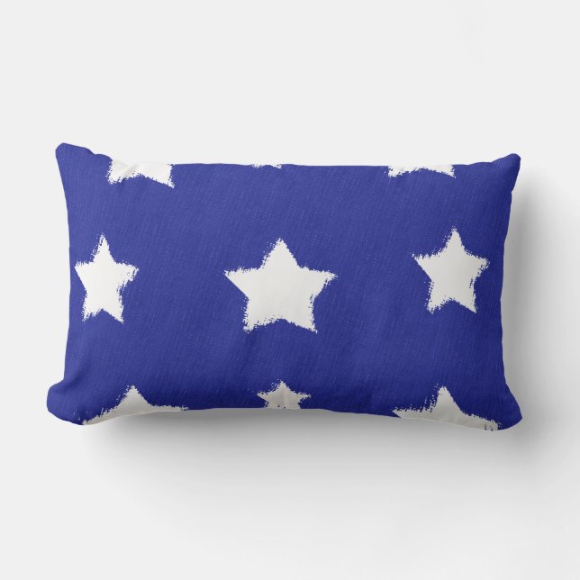 Navy Blue White Star Folk Outdoor Lumbar Pillow Buitenkussen (Voorkant)
